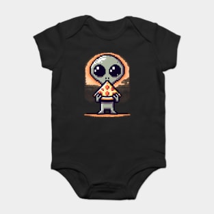 Funny Alien Eating Pizza, Cute Pixel Style Baby Bodysuit